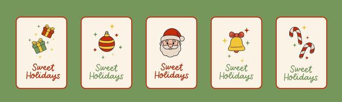 Horizontal festive banner with five cute Sweet Holidays Christmas cards gifts, ornament, Santa, bell, and candy canes. Perfect for seasonal designs, web headers, or sticker sets vector
