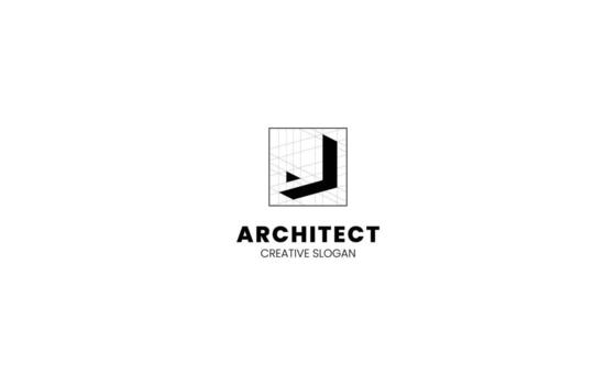 Letter J 3D logo with isometric bottom-left view and technical sketch vector