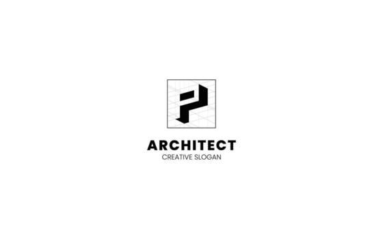 Letter P 3D logo with isometric bottom-left view and technical sketch vector