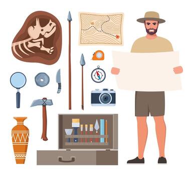 Archaeologist with tools and artifacts vector