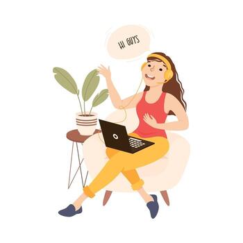 Blogger Girl Streaming Online from Laptop Computer, Blogging, Social Media Networking Concept Cartoon Style Illustration vector