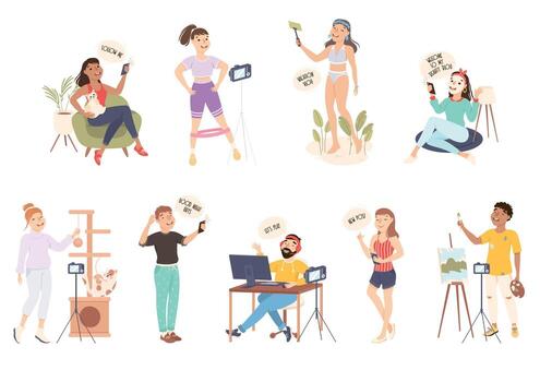 Bloggers Recording Using Camera for Online Channels Set, Blogging, Social Media Networking Concept Cartoon Style Illustration vector