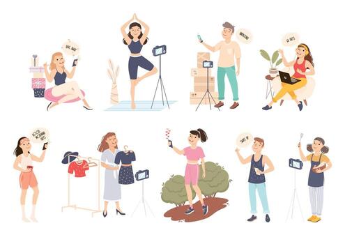 Bloggers Creating Content for Blogs and Streaming Online Set, Blogging, Social Media Networking Concept Cartoon Style Illustration vector