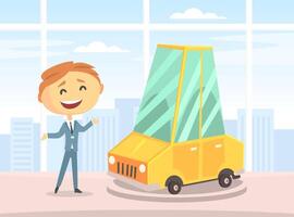 Seller Presenting and Selling New Car in Dealership Center Cartoon Illustration vector