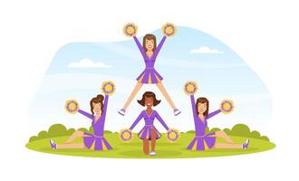 Cheerleading Team Dancing Together with Pom Poms, Fans Girls in Purple Uniform Making Pyramid on Football Stadium Outdoors Illustration vector