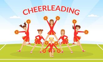 Cheerleading Banner Template, Team of Girls Dancing Together with Pom Poms, Fans Girls in Red Uniform Performing on Football Stadium Outdoors Illustration vector