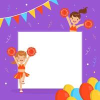 Cheerleader Girls with Blank Banner, Fan Girls in Red Uniform Dancing with Pom Poms, Background, Card, Poster Design Cartoon Style Illustration vector