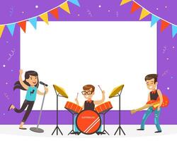Kids Playing Music and Singing on Stage, Children Performing on Background of Blank Banner Cartoon Illustration vector