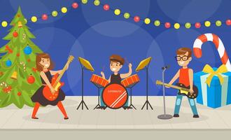 Kids Playing Music and Singing on Christmas Holidays, Child Music Band Performing on Stage Cartoon Illustration vector