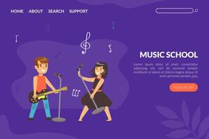 Music School Landing Page Template, Children Playing Music and Singing, Website Interface Design Cartoon Illustration vector