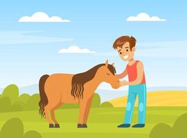 Cute Boy Playing with Pony on Farm Yard, Kid Interacting with Animal in Petting Zoo Cartoon Illustration vector