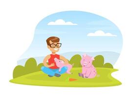 Cute Boy Playing with Little Pigs on Farm Yard, Kid Interacting with Animal in Petting Zoo Cartoon Illustration vector