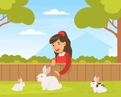 Cute Girl Playing with White Rabbits on Green Lawn, Kid Interacting with Animal in Petting Zoo Cartoon Illustration vector