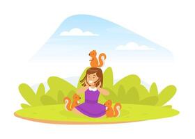 Cute Girl Playing with Squirrel on Green Lawn, Kid Interacting with Animal in Petting Zoo Cartoon Illustration vector