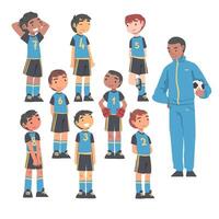 Kid Soccer Players Team with Coach Trainer, Group of Kids in Sports Uniform and Football Trainer, School Sports Activity, Football Academy Concept Cartoon Illustration vector