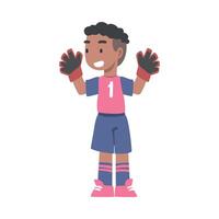 Cute Kid Goalkeeper or Soccer Player Character, Little Boy in Sports Uniform Playing Football in School Sports Team, Football Academy Concept Cartoon Style Illustration vector