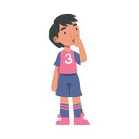 Cute Kid Soccer Player Character, Funny Little Boy in Sports Uniform Playing Football, Football Academy for Children Concept Cartoon Style Illustration vector
