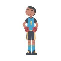 Kid Goalkeeper Soccer Player Character, Little Boy in Black and Blue Sports Uniform Playing Football on School Sports Field Cartoon Style Illustration vector