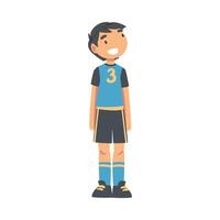 Kid Soccer Player Character, Happy Smiling Little Boy in Black and Blue Sports Uniform Playing Soccer in School Sports Team Cartoon Style Illustration vector