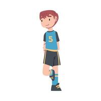 Cute Kid Soccer Player Character, Boy in Black and Blue Sports Uniform Playing Football on School Sports Field Cartoon Style Illustration vector