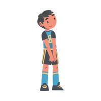 Kid Soccer Player Character, Little Boy in Black and Blue Sports Uniform Playing Football Cartoon Style Illustration vector