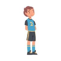 Kid Soccer Player Character, Boy in Black and Blue Sports Uniform Playing Soccer in School Sports Team Cartoon Style Illustration vector