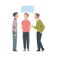 Group of Men Talking to Each Other with Speech Bubbles, Friends or Colleagues Talking, Gossiping, Sharing Impressions Cartoon Style Illustration vector