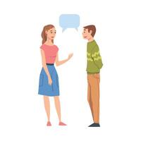 Couple Talking with Speech Bubbles, Friends or Colleagues Gossiping, Sharing Impressions Cartoon Style Illustration vector