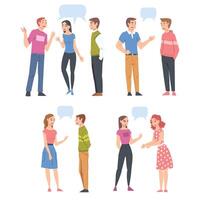 Young People Talking to Each Other with Speech Bubbles Set, Friends or Colleagues Gossiping, Chatting or Sharing Impressions Cartoon Style Illustration vector