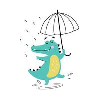 Cute Crocodile Walking with Umbrella in Rainy Day, Funny Alligator Predator Animal Character Cartoon Style Illustration vector