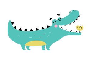 Cute Crocodile with Birdie in Wide Open Mouth, Funny Alligator Predator Animal Character Cartoon Style Illustration vector