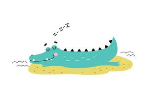 Cute Crocodile Sleeping on the Beach, Funny Alligator Predator Animal Character Cartoon Style Illustration vector