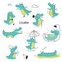 Cute Crocodiles in Different Situations Set, Funny Alligator Predator Animal Character Cartoon Style Illustration vector