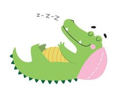 Cute Crocodile Sleeping on Pillow, Funny Alligator Predator Green Animal Character Cartoon Style Illustration vector