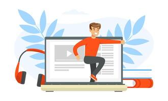 Young Man Stepping out of Computer Screen, Digital Detox Concept Cartoon Illustration vector