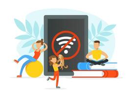 People Reading Books, Doing Fitness and Playing with Animals without Gadgets, Digital Detox Concept Cartoon Illustration vector
