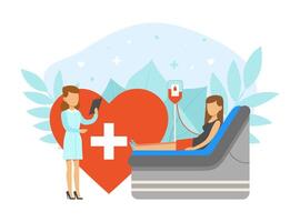 Blood Donation Concept, Woman Donor Volunteer Donating her Blood Cartoon Illustration vector