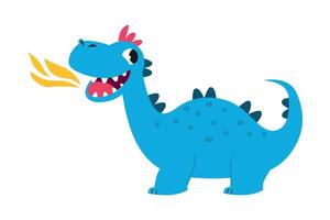 Cute Little Dragon Spitting Fire, Funny Baby Dinosaur Fairy Tale Character Cartoon Style Illustration vector