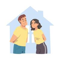 Couple in House Outline, Abstract Real Estate, Young Man and Woman Buying or Renting New House Flat Style Illustration vector