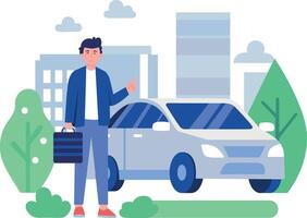Businessman holding briefcase near car vector