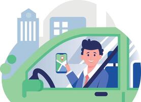 Driver holding smartphone with navigation app vector