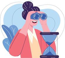 Person using binoculars beside hourglass vector