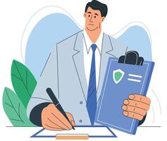 Man signing document with clipboard vector