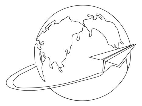 One continuous line art of Earth globe with paper airplane. Flight route path on world map in simple linear style. vector
