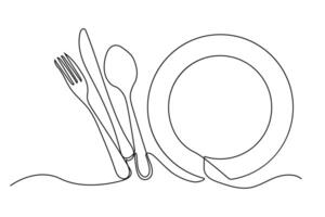 continuous one line drawing of fork, plate, knife and spoon. vector