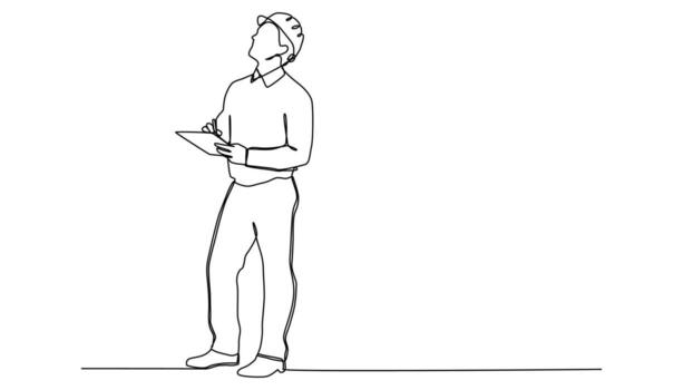 soltero continuo línea dibujo de joven atractivo capataz controlador edificio desarrollo Progreso mientras participación portapapeles. vector