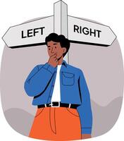 Man pondering at directional sign vector