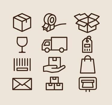 A comprehensive set of outline icons representing shipping logistics packaging and delivery services including boxes tape trucks fragile symbols barcodes and shopping essentials. vector
