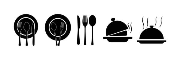 A set of black and white silhouettes of a plate, fork, knife and spoon vector