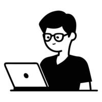 Minimal person wearing glasses is focused while working on a laptop at desk vector